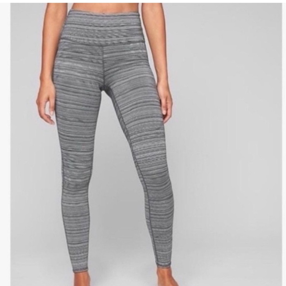 Athleta High Rise 7/8 Leggings, Jacquard Quail Gray Stripe Print
